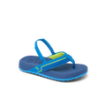 Little Windswell boys' blue flip flop facing left, close-up of side and top with arch support and cushioning.
