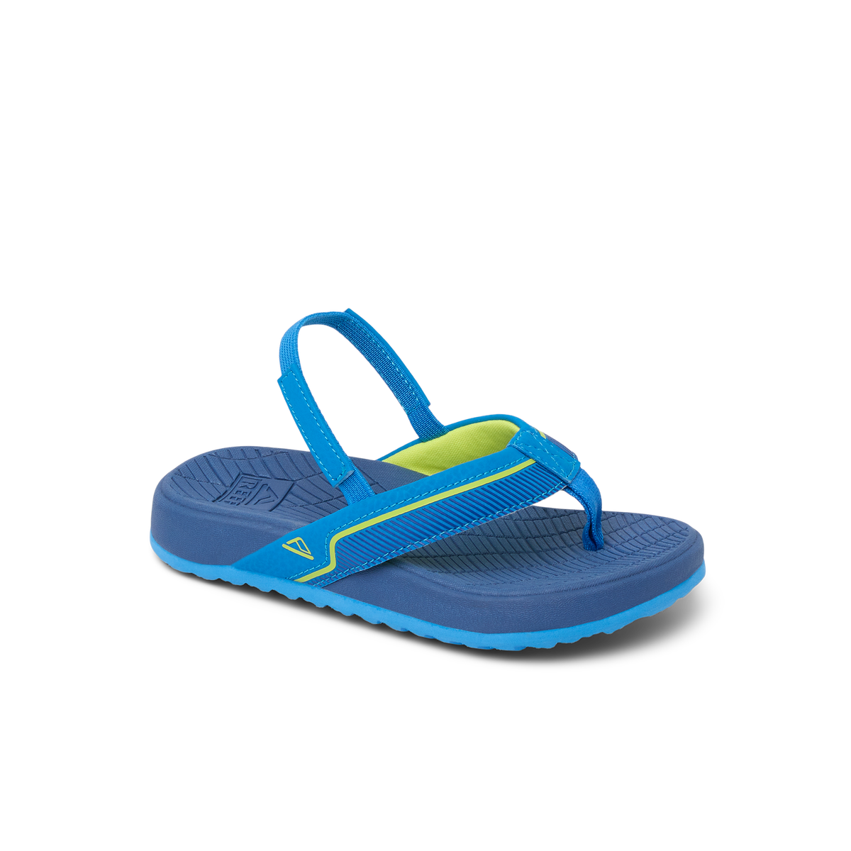 Little Windswell boys' blue flip flop facing left, close-up of side and top with arch support and cushioning.