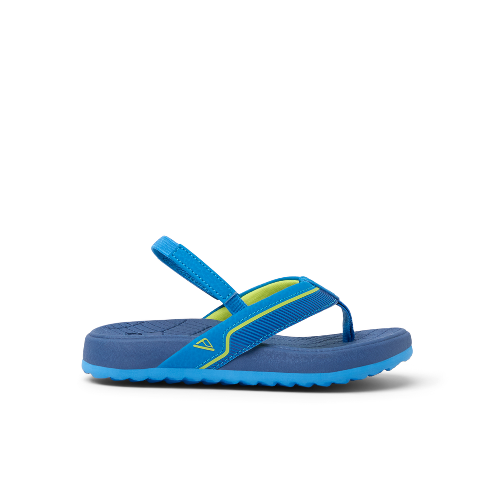 Little Windswell boys flip flop facing left, showing side profile with cushioned sole and arch support straps.