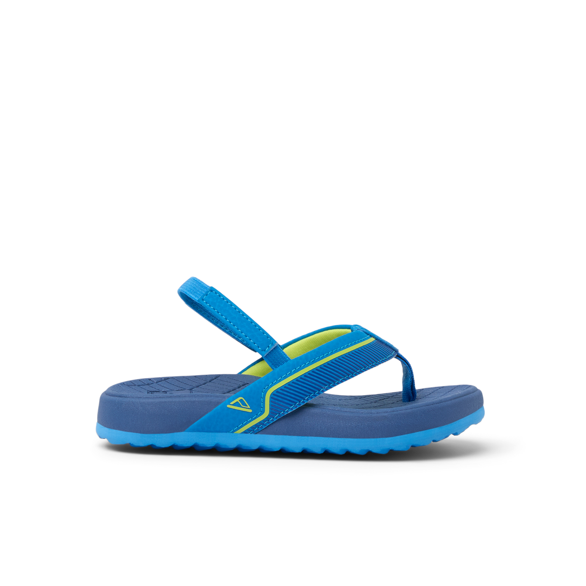 Little Windswell boys flip flop facing left, showing side profile with cushioned sole and arch support straps.