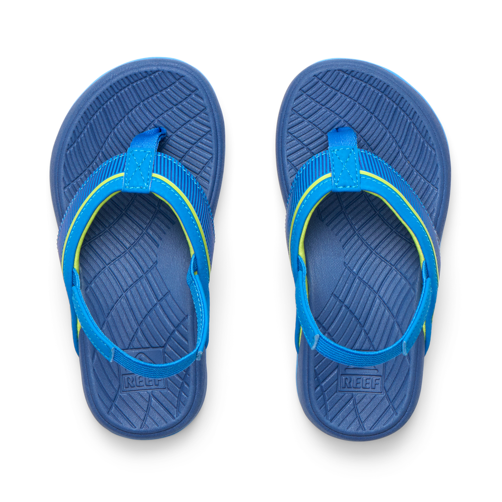Top view of Little Windswell boys flip flops in blue with surf-inspired comfort, anatomical arch support, and water-friendly materials.