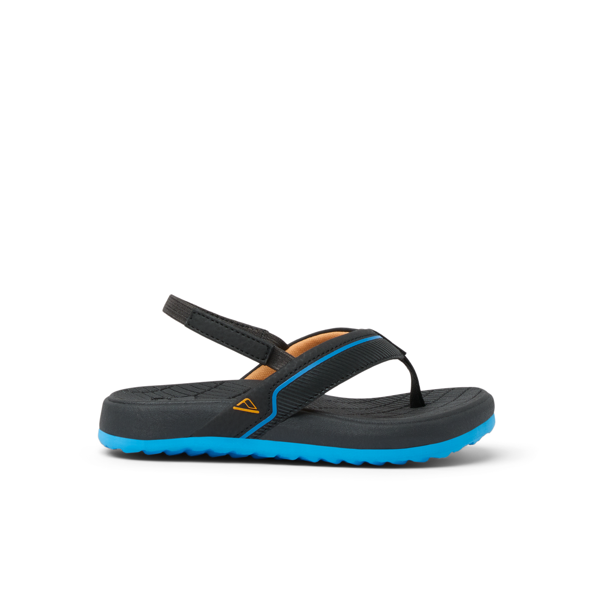 Side view of black and blue Little Windswell flip flop for boys with arch support and cushioned sole for beach comfort.