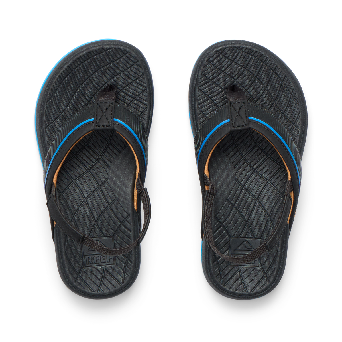 Top view of Little Windswell black and blue flip flops for boys, showing cushioned footbed and water-friendly straps.