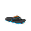 Kids Windswell black and blue flip flop facing left, showing top and side with cushioned arch support and durable sole.