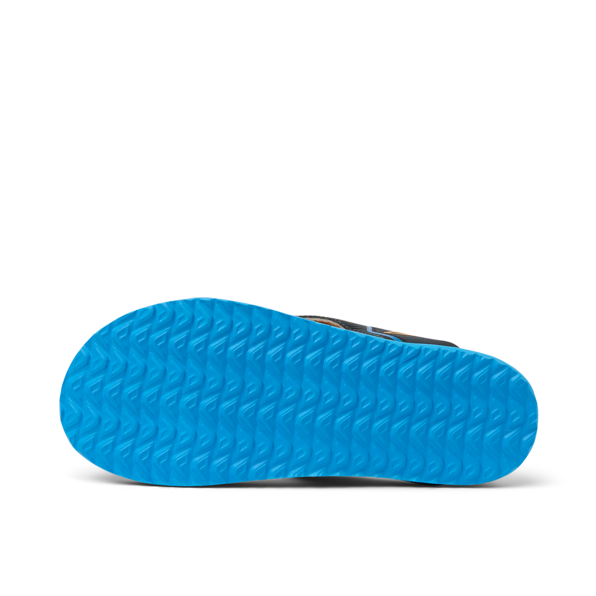 Kids Windswell flip flop showing blue textured outsole for durable, water-friendly comfort with anatomical arch support, facing up.