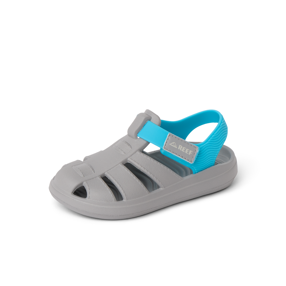 Little Totally Beachin boys grey and blue sandal facing right, close-up of cushioned arch support and water-friendly sole