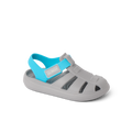 Little Totally Beachin boys sandal facing right, gray and blue with soft-rebound cushioning and arch support.