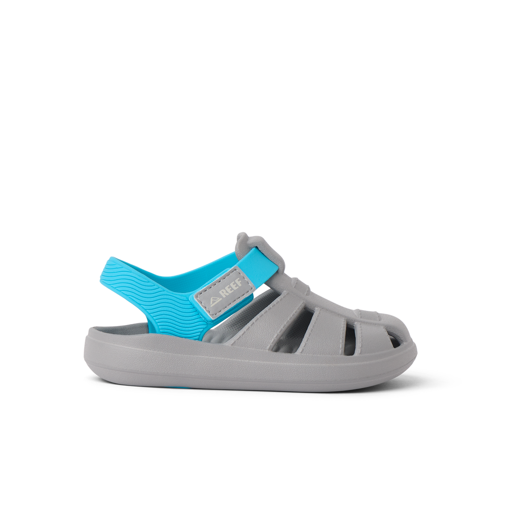 Little Totally Beachin boys sandal in grey and blue, right side view, beach-inspired comfort with arch support
