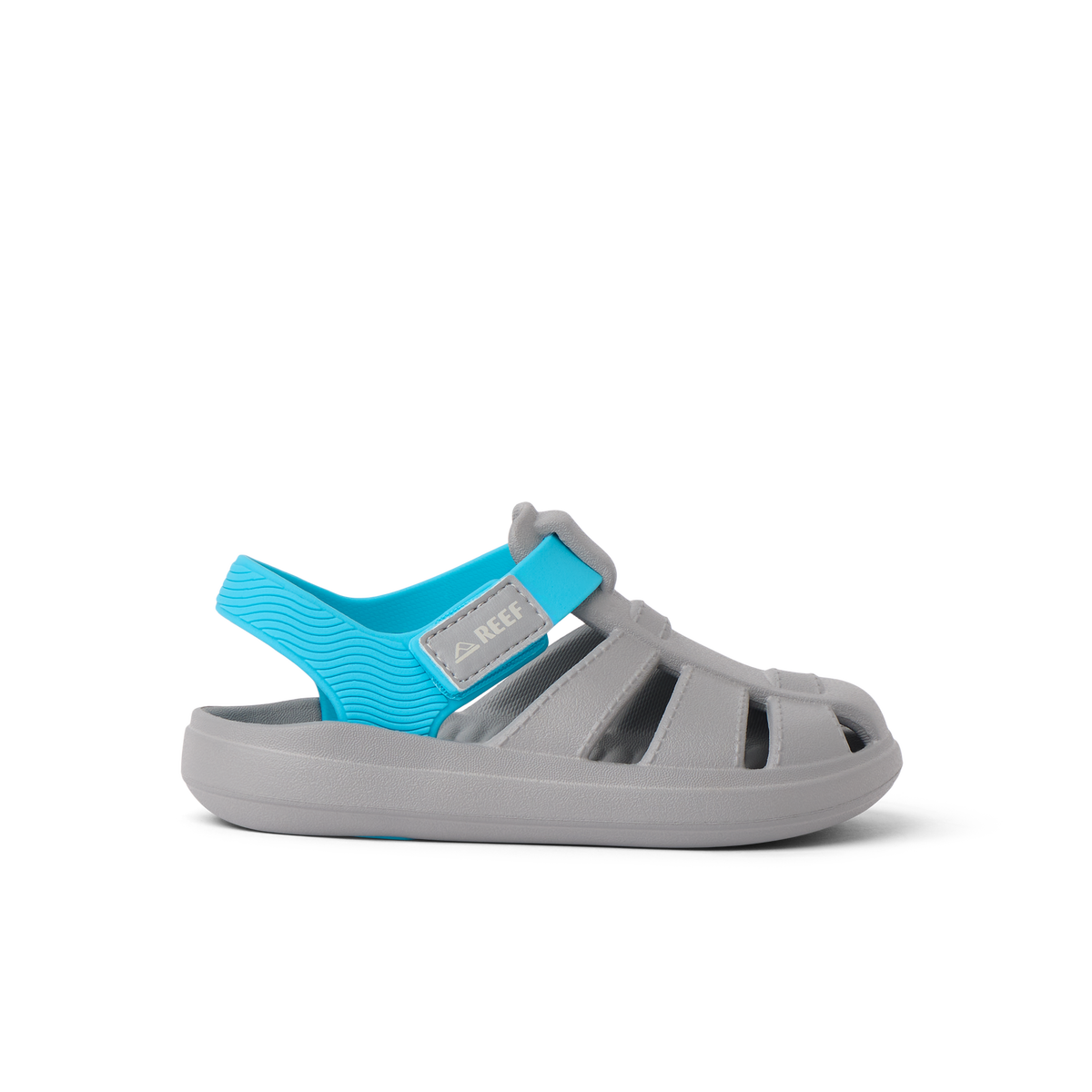 Little Totally Beachin boys sandal in grey and blue, right side view, beach-inspired comfort with arch support