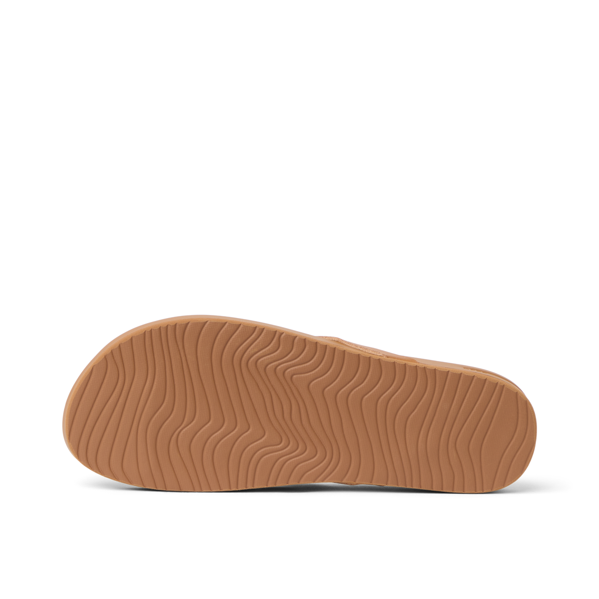 Vista Ivy women's sandal sole facing up, showing water-friendly, durable outsole with wavy tread pattern for beach comfort.