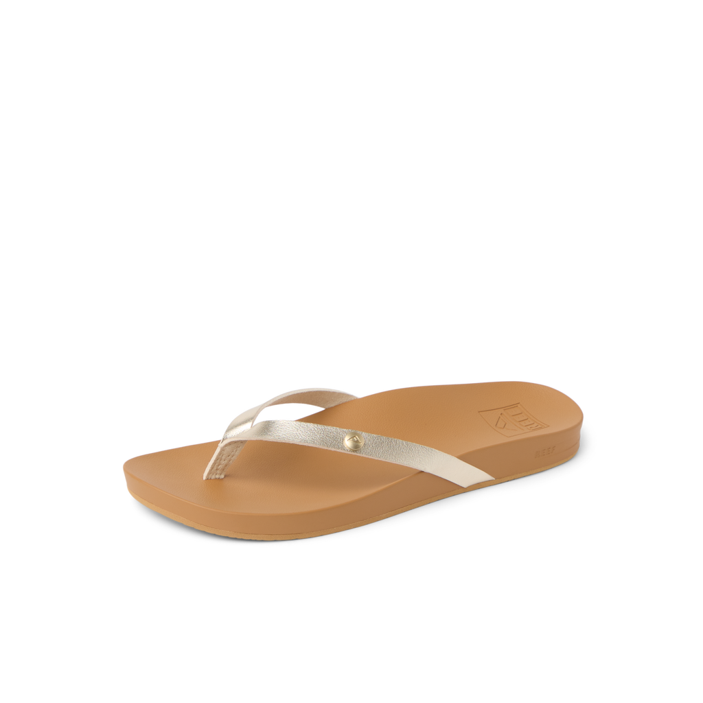 Vista Ivy women's sandal facing left, gold straps with comfort cushioning and anatomical arch support.