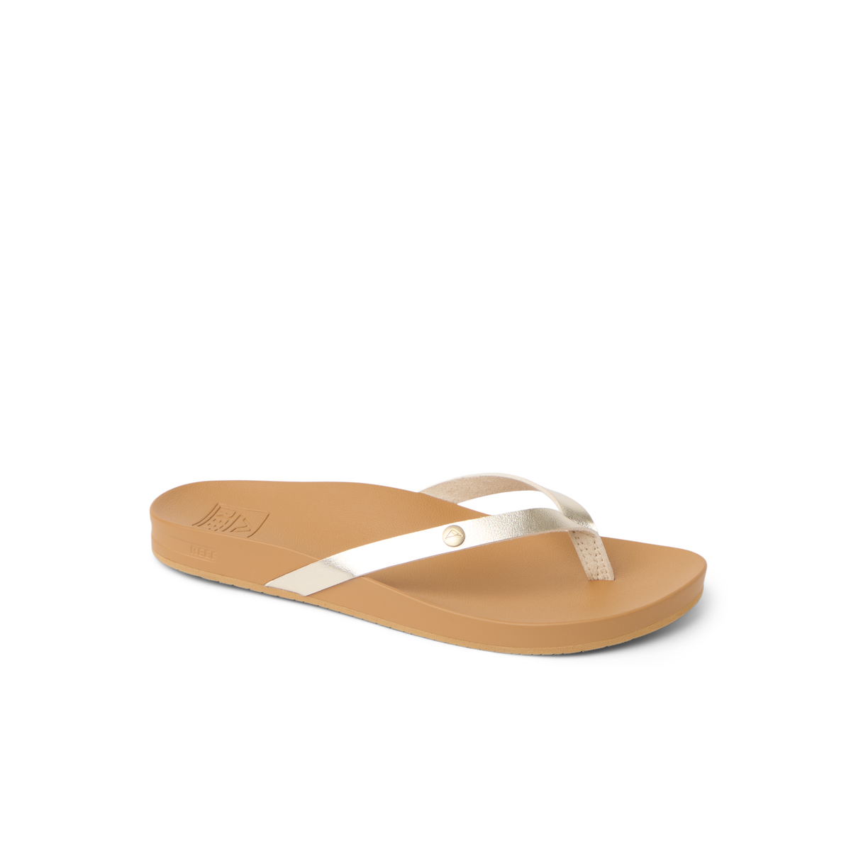 Vista Ivy women's right-facing sandal with soft gold straps, anatomical arch support, and cushioned sole for beach comfort.