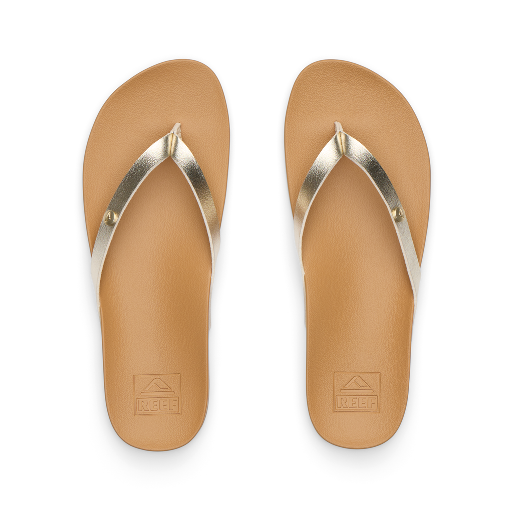 Top view of women's Vista Ivy sandals facing up, gold straps, tan cushioned footbed with arch support for beach comfort
