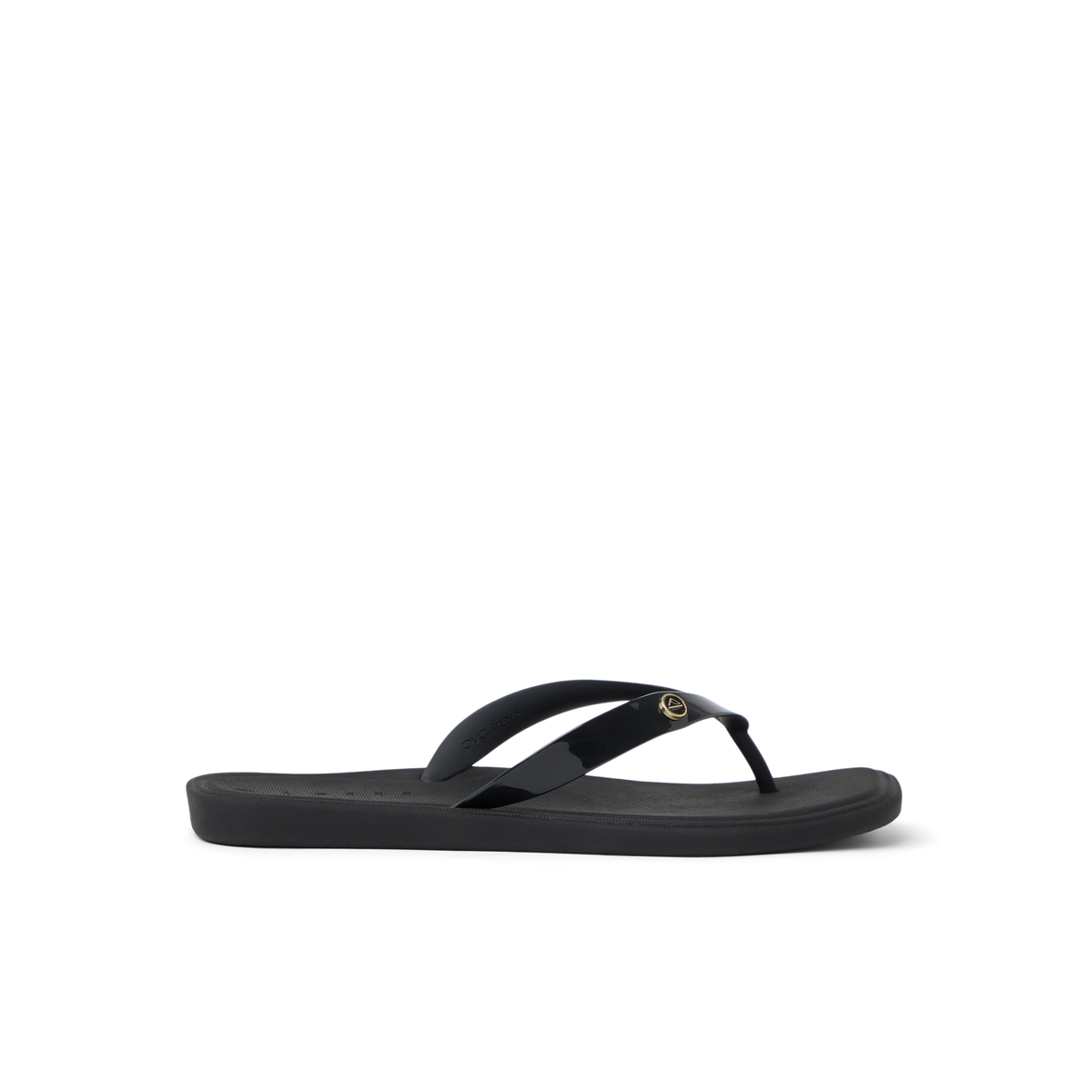 Solaye black women's flip flop sandal facing left with soft-rebound cushioning and anatomical arch support for comfort.