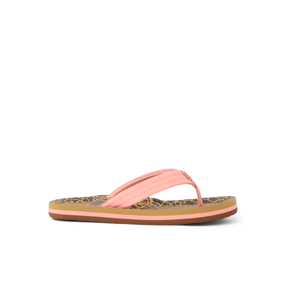 Kids Ahi left-facing sandal close-up showing pink straps and leopard print footbed with soft cushioning for beach comfort