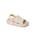 Little Rio Slide unisex kids slide sandal facing right, floral apricot multi pattern with heel strap, beach-inspired comfort