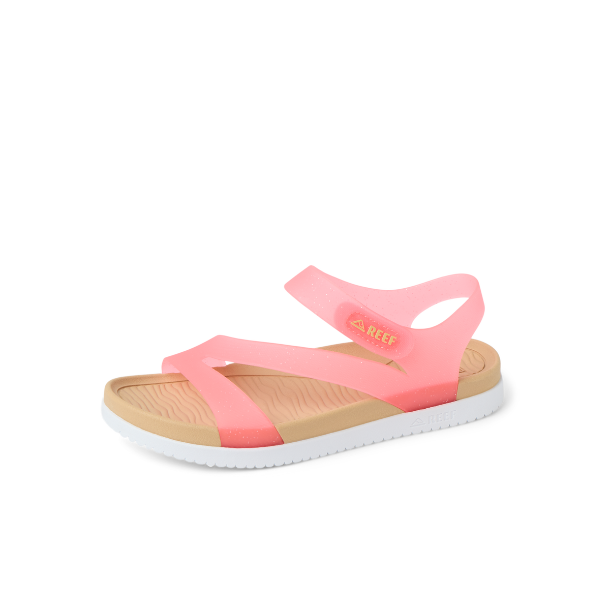 Kids Cali Coastin pink sandal facing right, soft cushioned footbed, anatomical arch support, beach-inspired comfort for girls.