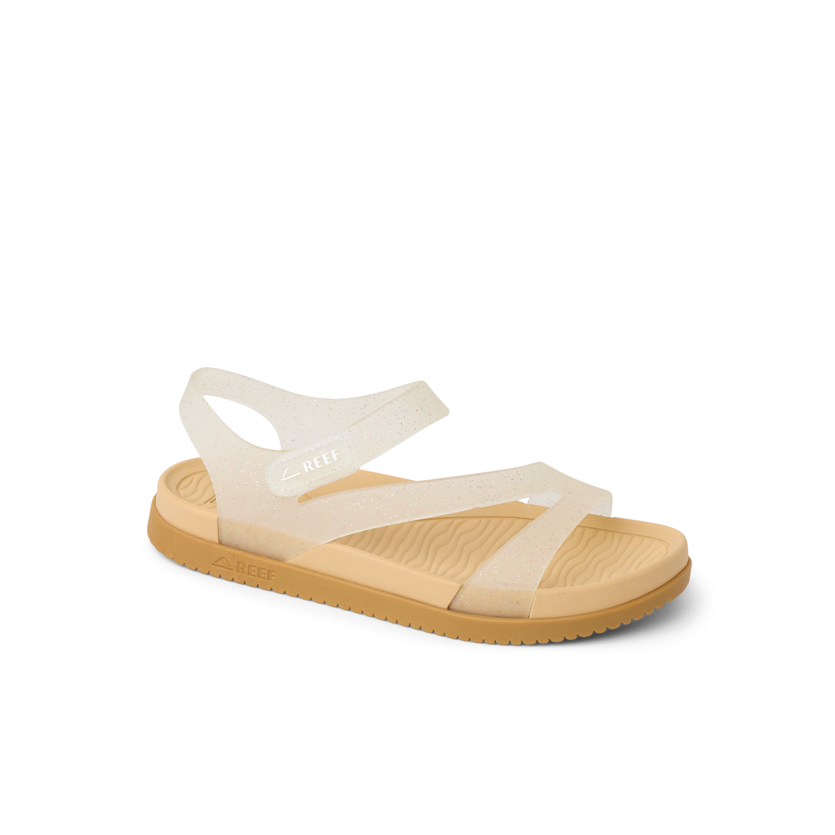 Kids Cali Coastin right-facing sandal with glitter confetti straps, cushioned arch support, and durable beach-ready sole.