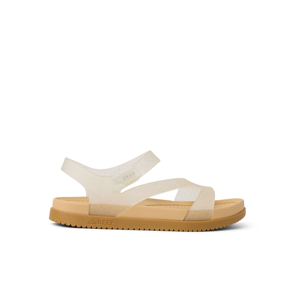 Kids Cali Coastin girls' glitter confetti sandal facing right, showing side with arch support and cushioned sole
