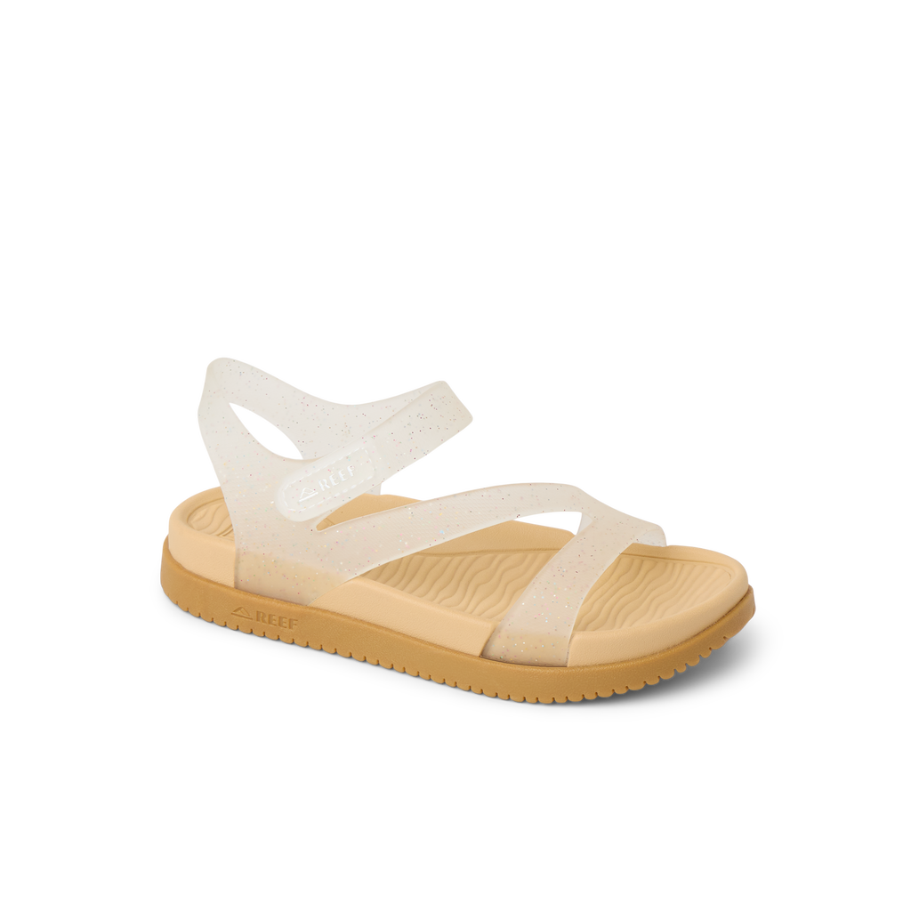 Little Cali Coastin sandal facing left, close-up on glitter confetti straps and cushioned footbed for girls aged 2-4 years.