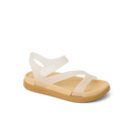 Little Cali Coastin sandal facing left, close-up on glitter confetti straps and cushioned footbed for girls aged 2-4 years.