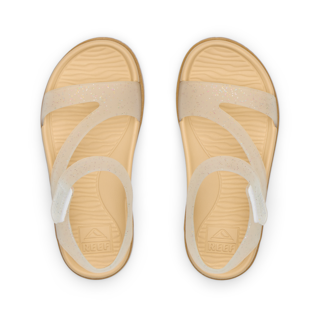 Top view of Little Cali Coastin girls sandals in glitter confetti with anatomical arch support and soft cushioning.