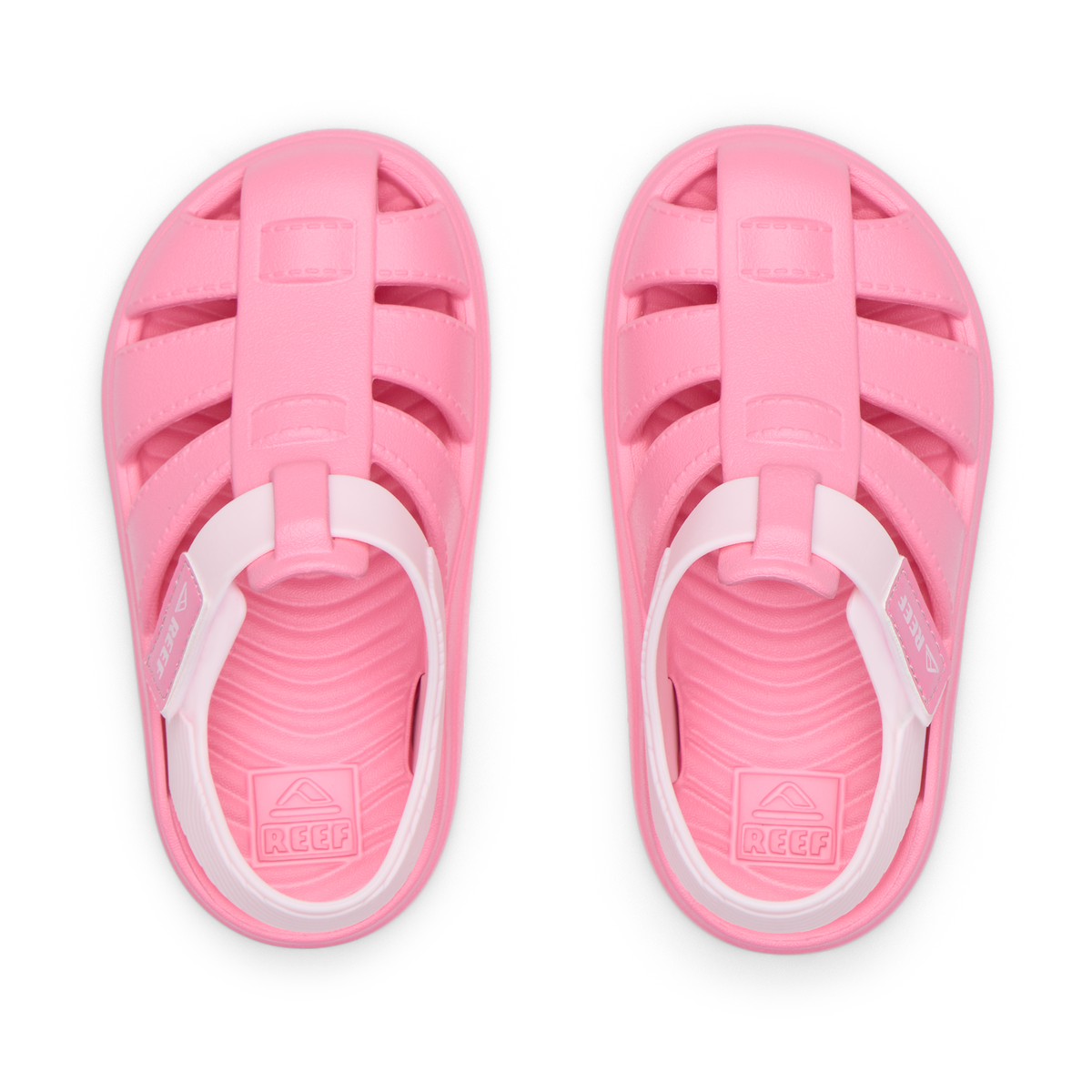 Little Totally Beachin pink girls' sandals, top view, water-friendly, cushioned footbed, surf-inspired comfort shoes.