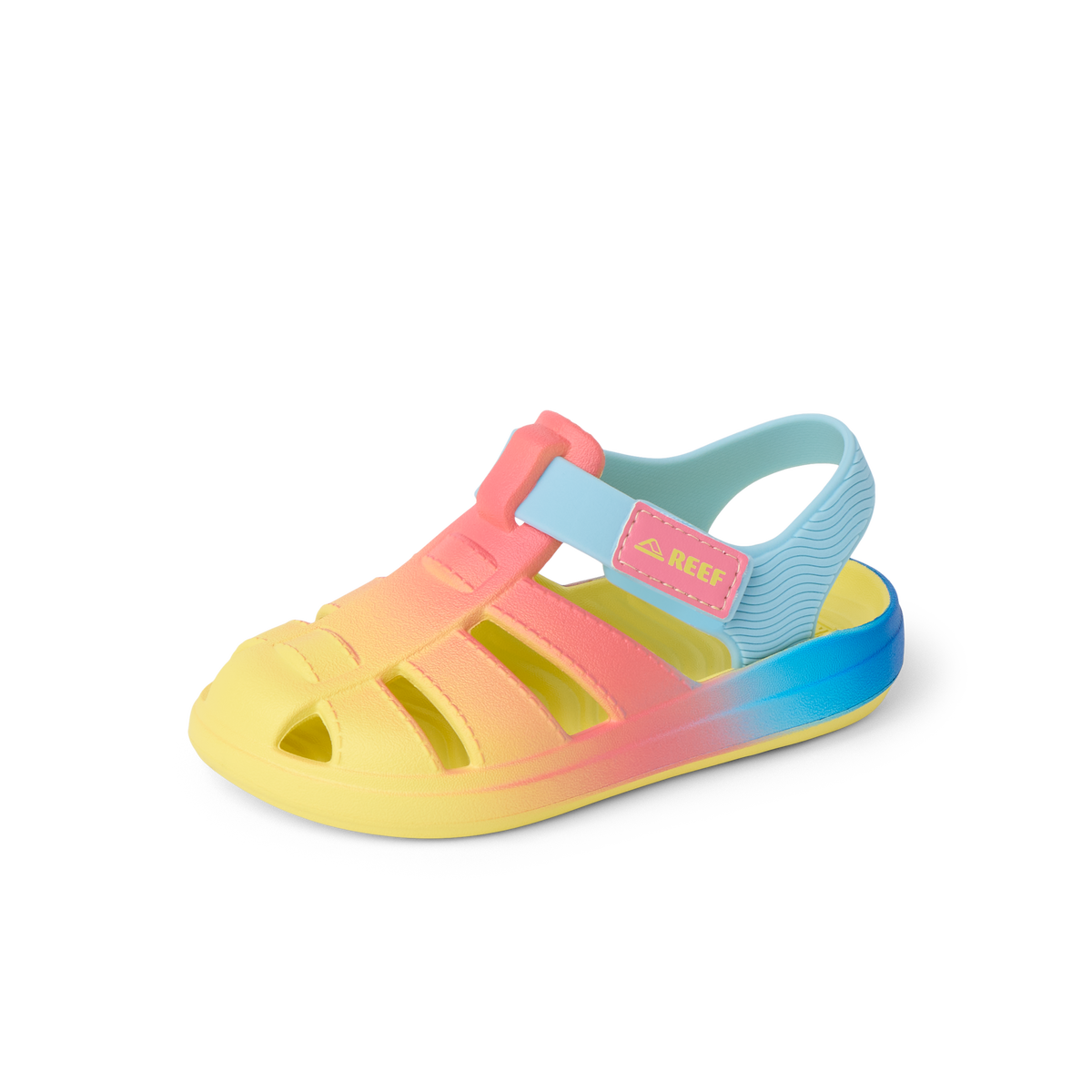 Little Totally Beachin girls’ sandal facing right, showcasing front and side, in blue ombre with arch support and cushioning.