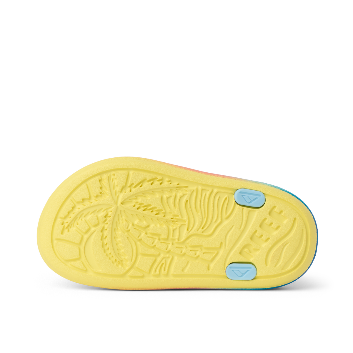 Little Totally Beachin left shoe sole view with palm tree design, water-friendly materials, and anatomical arch support