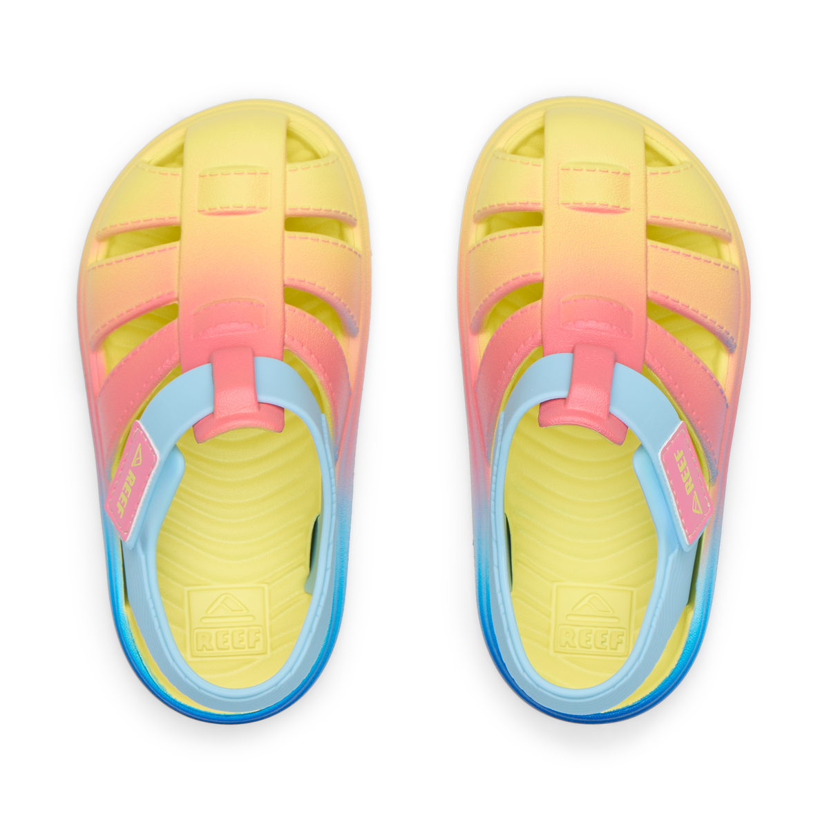 Little Totally Beachin girls’ sandals top view facing upward with surf-inspired comfort and soft-rebound cushioning.
