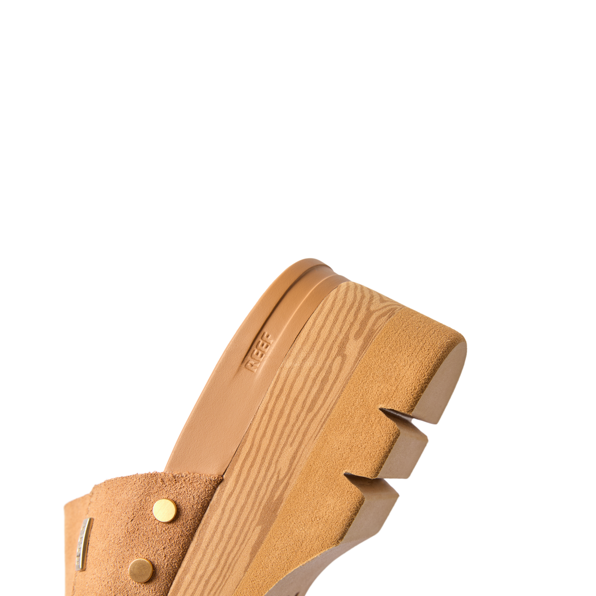 Vista Higher Cleo women's tan suede platform sandal facing right showing outer side and midsole with arch support
