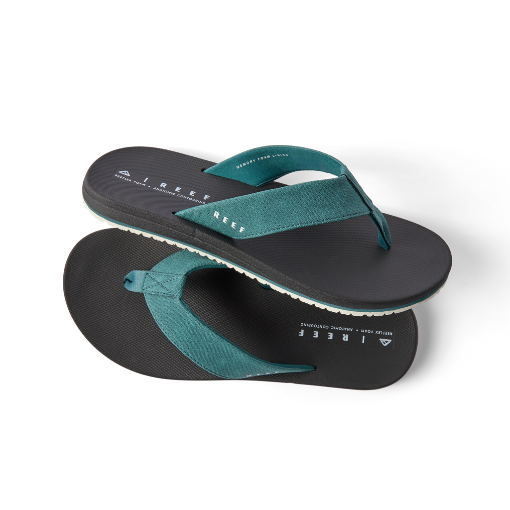 Pair of Nox men's flip flops with teal straps facing right, showing top and sole, designed for comfort and beach wear.
