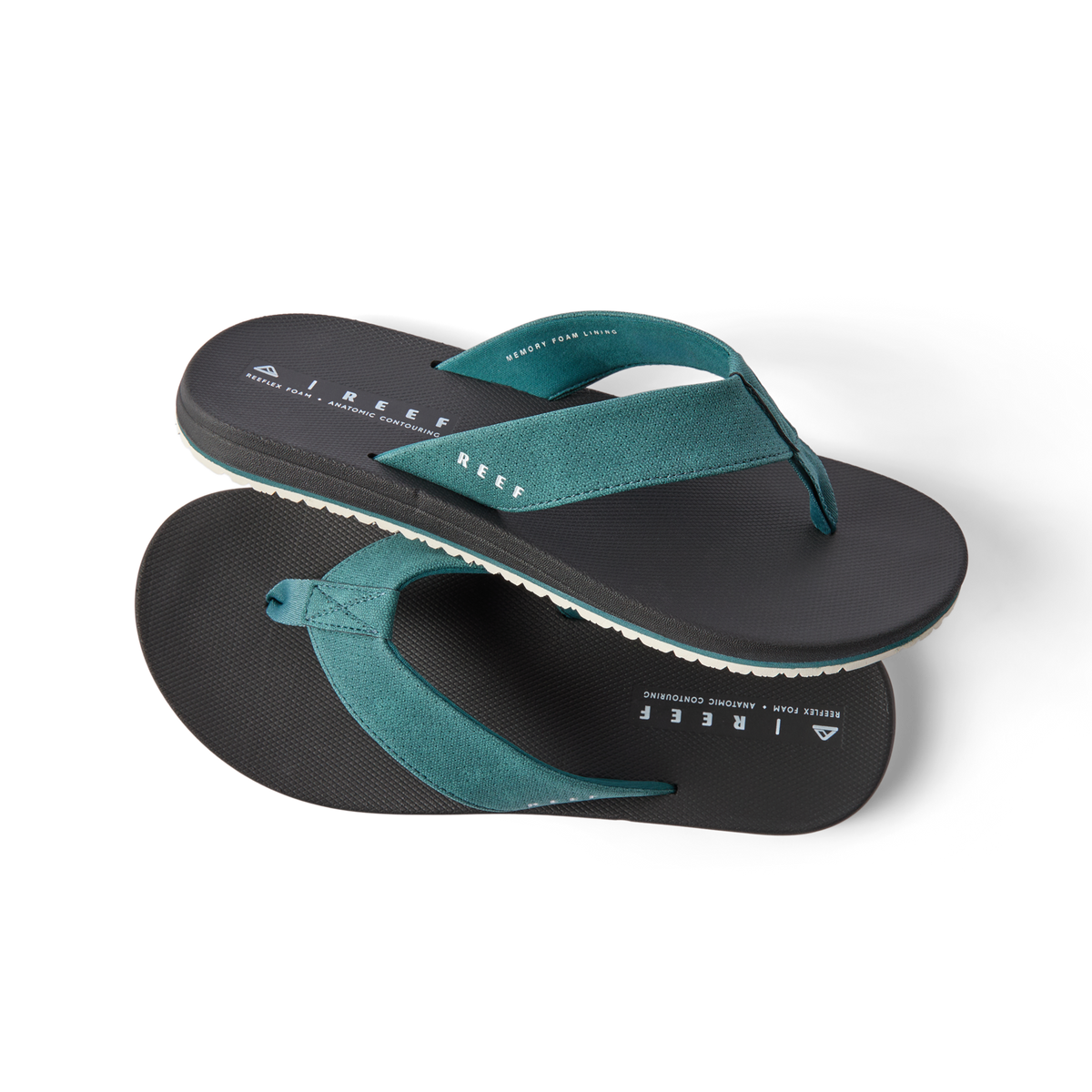 Pair of Nox men's flip flops with teal straps facing right, showing top and sole, designed for comfort and beach wear.