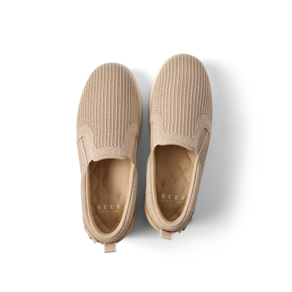 Neptune Elyse slip-on shoes in beige, top view showing breathable knit upper and cushioned insoles for all-day comfort.