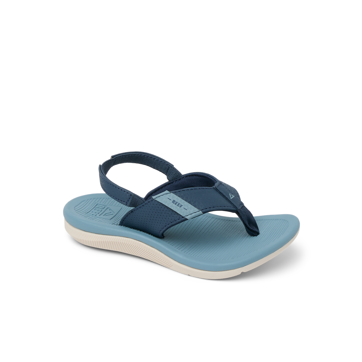 Little Santa Ana boys' sandal facing left, blue with anatomical arch support and soft-rebound cushioning for comfort.
