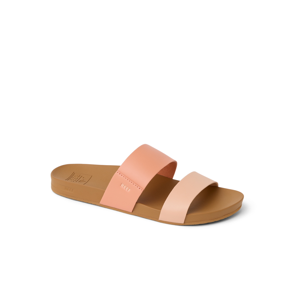Cushion Vista women's slide sandal facing right with peach and light pink straps, soft-rebound cushioning, and arch support.