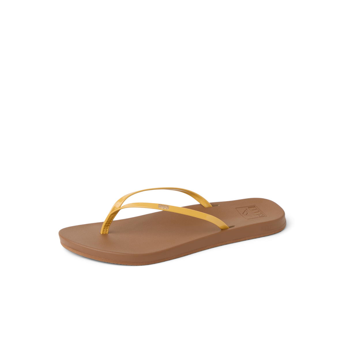 Cushion Slim womens sandal facing right with golden apricot straps, soft-rebound cushioning, and arch support for beach comfort.