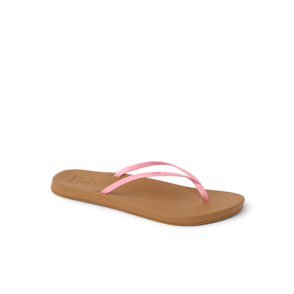 Cushion Slim women's sandal with pink straps facing right, close-up of lightweight, beach-inspired, cushioned footbed.