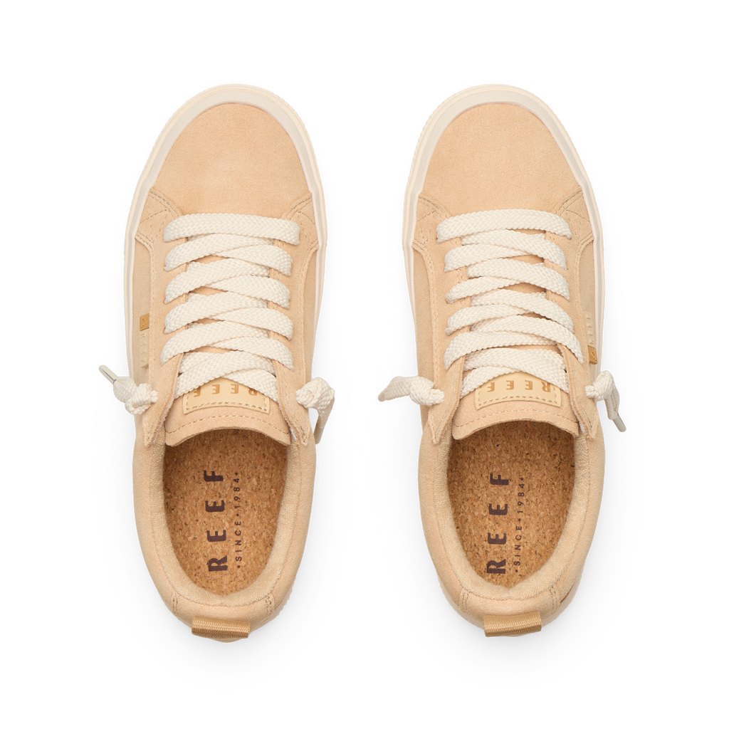 Lay Day Dawn women's tan sneakers top view showing laces and cushioned footbeds, beach-inspired comfort by REEF.