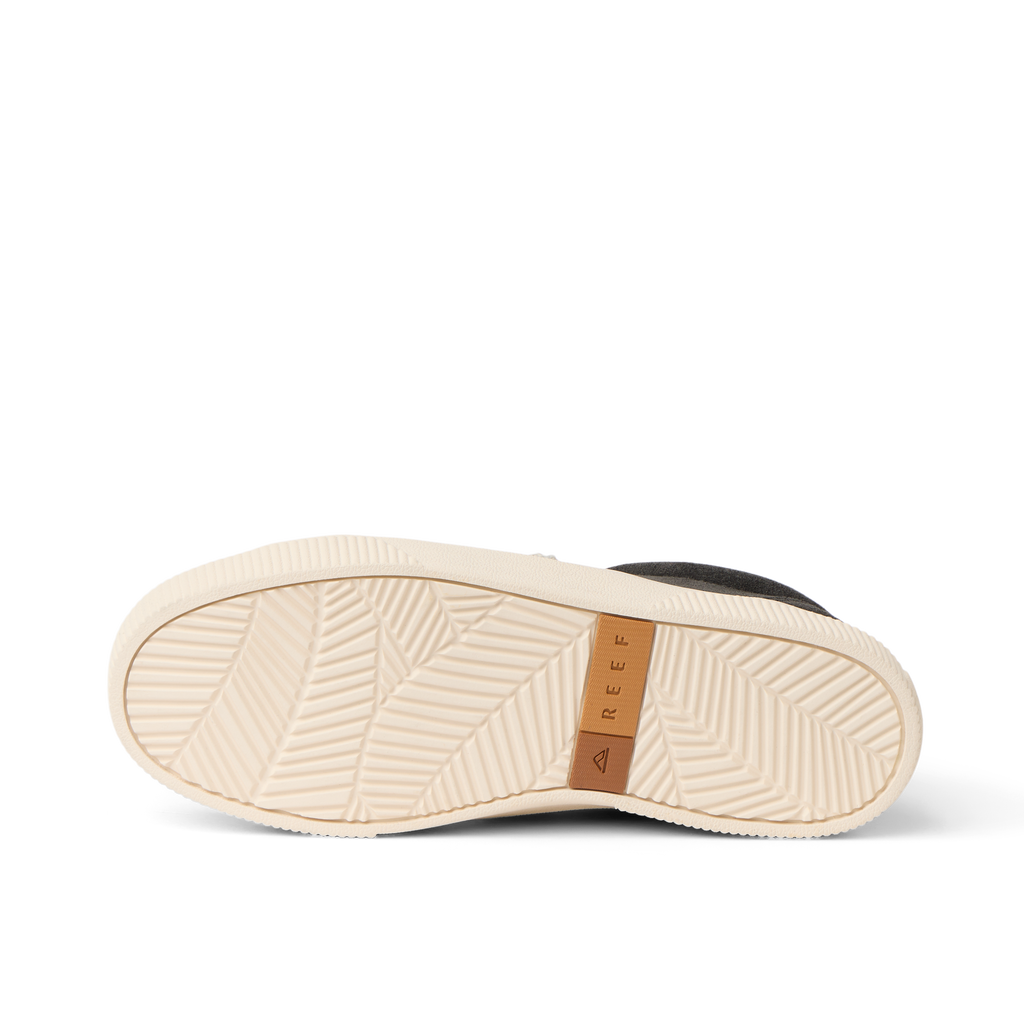 Lay Day Dawn women's charcoal sandal sole facing up, showing textured grip with REEF logo, beach-inspired comfort design.