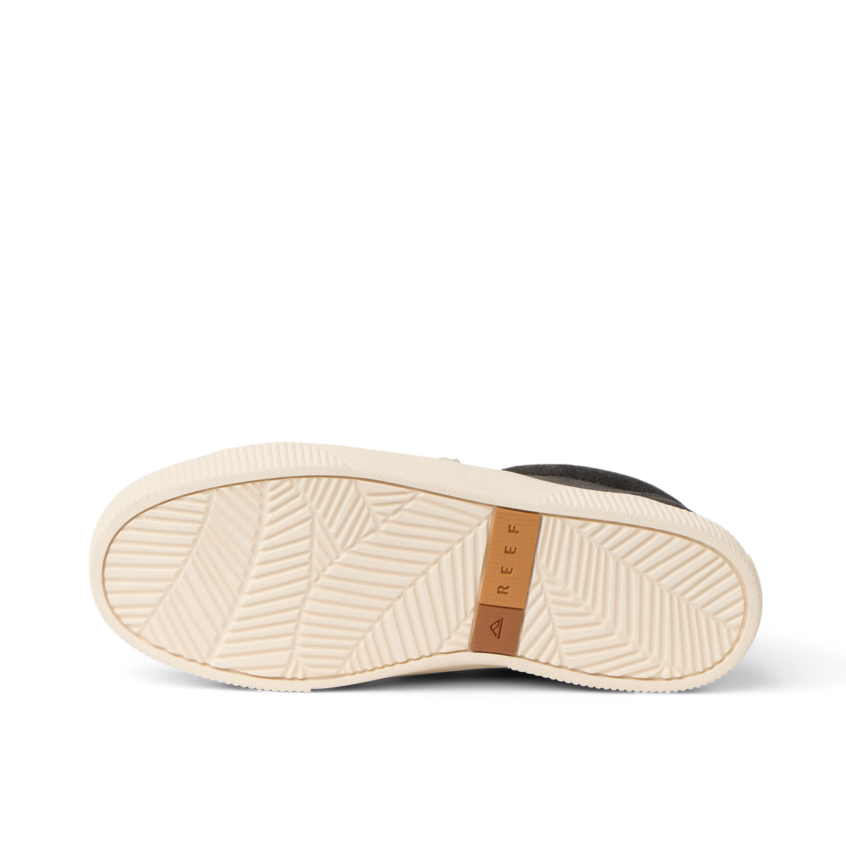Lay Day Dawn women's charcoal sandal sole facing up, showing textured grip with REEF logo, beach-inspired comfort design.