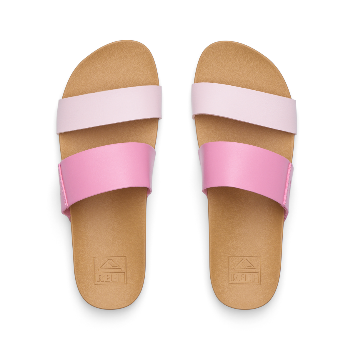 Top view of Cushion Vista women's sandals in cashmere rose with dual pink straps and cushioned footbed for beach comfort.