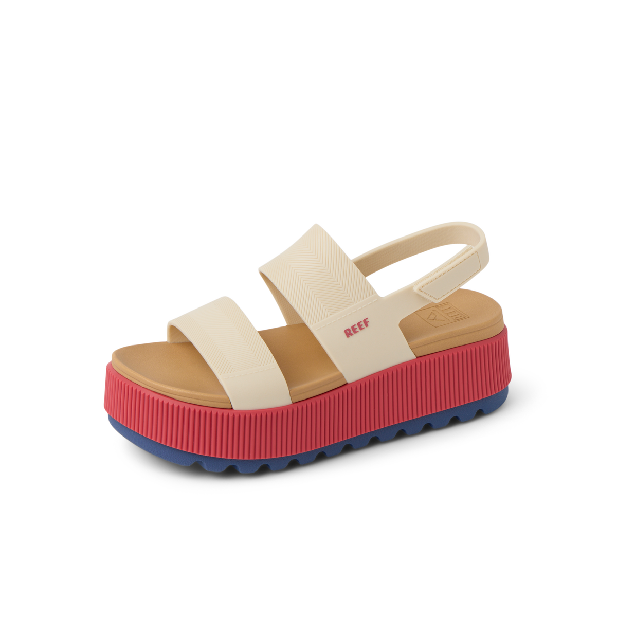 Water Vista Higher women’s sandal facing right, showing side profile with pink platform sole and beige straps.