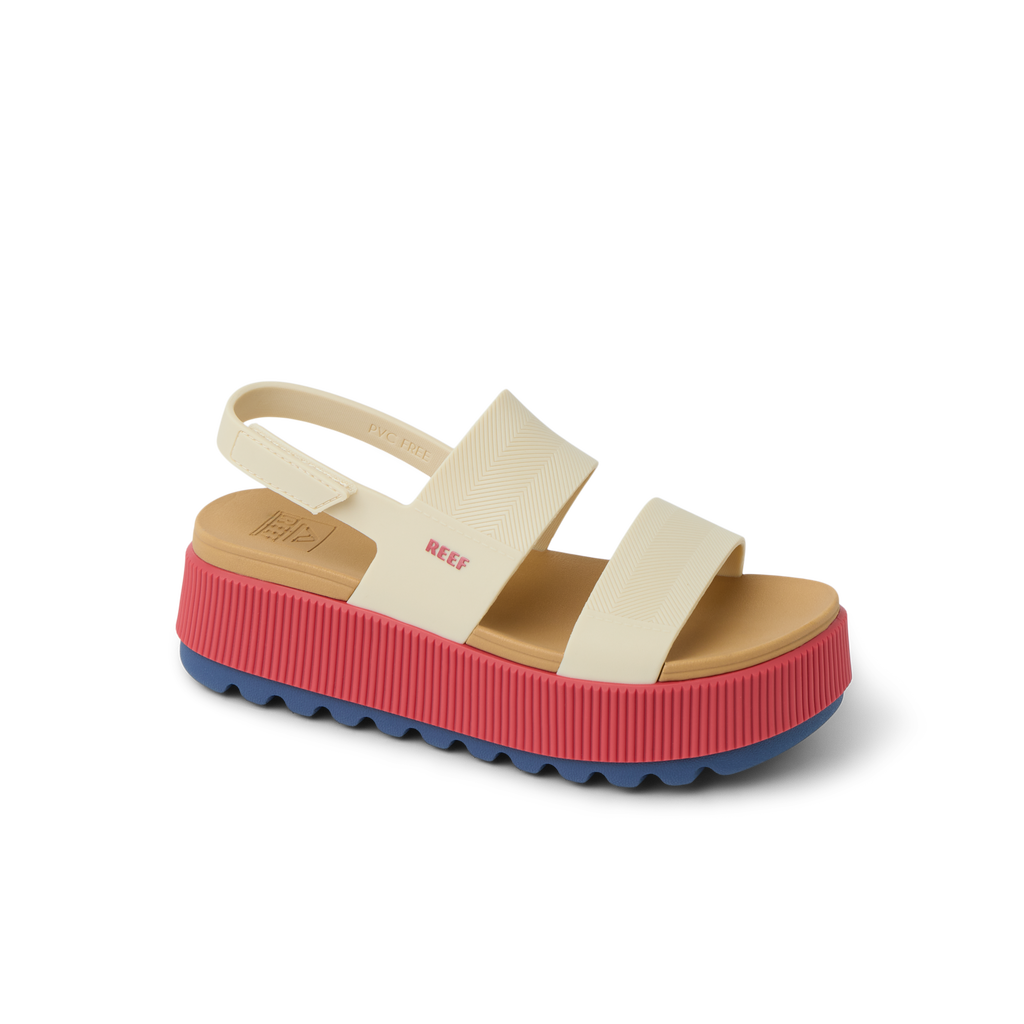 Water Vista Higher women’s sandal facing right, showing side with cushioned pink platform sole and cream straps.