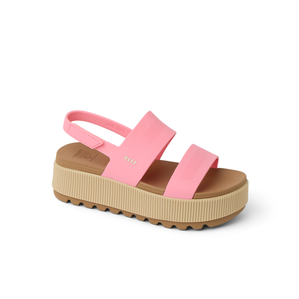 Water Vista Higher sandal facing right, close-up of pink straps and cushioned platform sole for beach comfort.