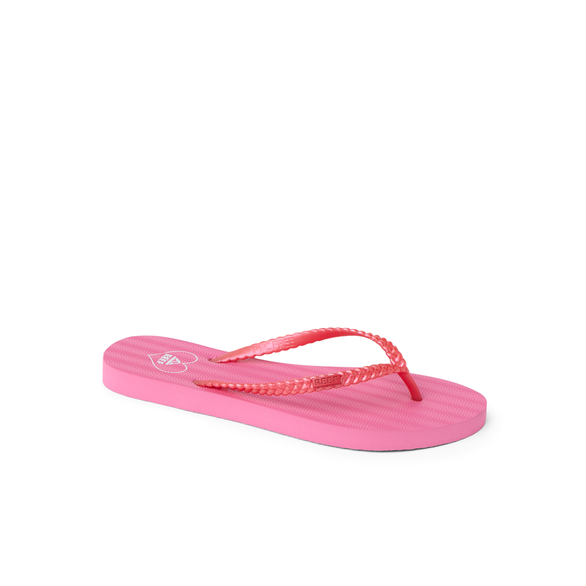 Seaside Twist pink women’s flip flop facing right showing top and side with braided straps, comfort-focused design.
