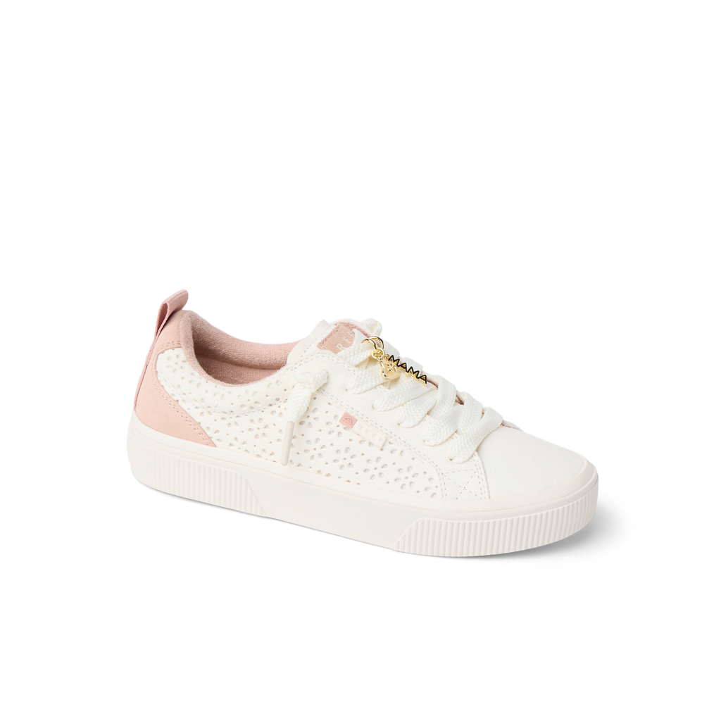 Lay Day Dawn sneaker for women facing left, featuring breathable white mesh, blush pink accents, and cushioned sole.