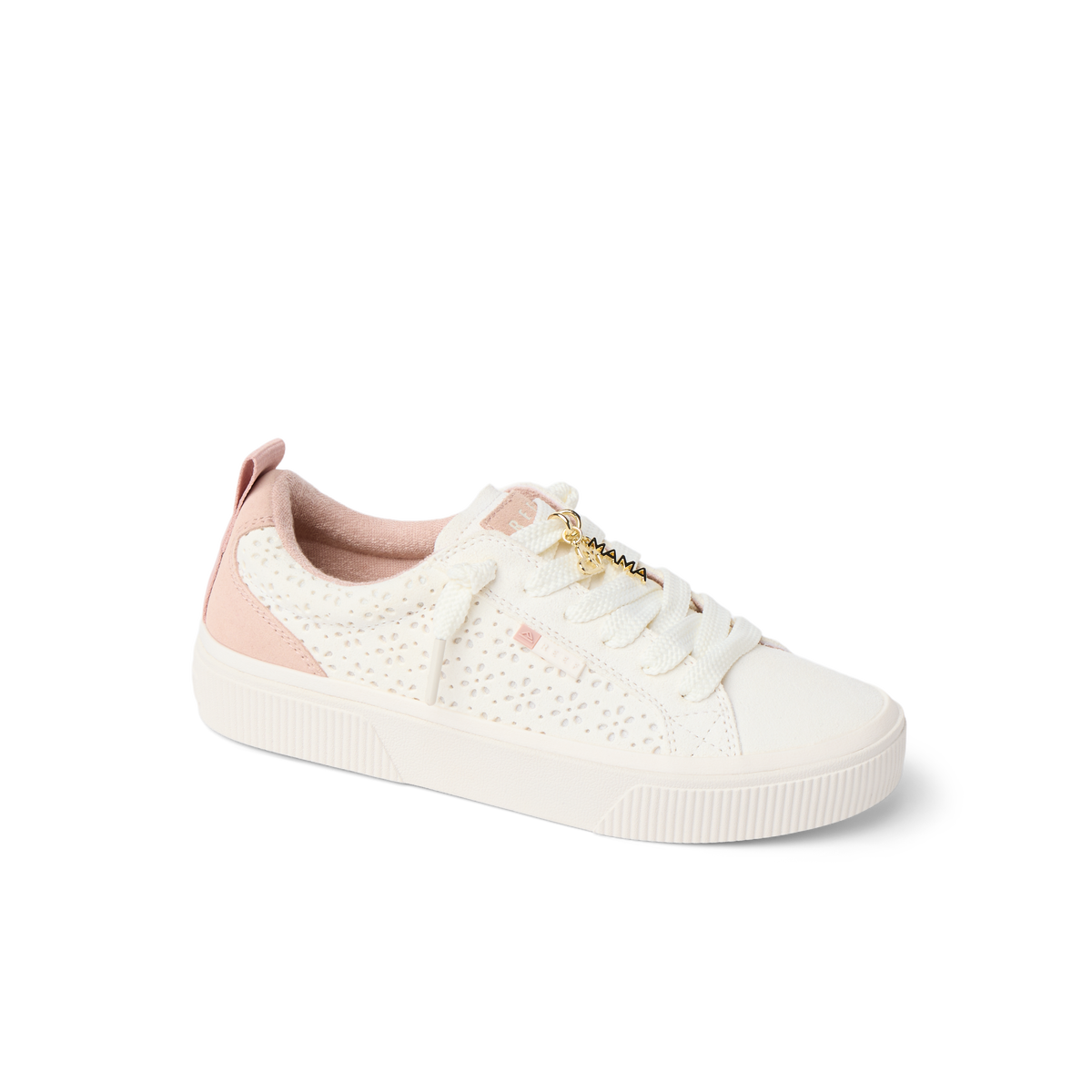 Lay Day Dawn sneaker for women facing left, featuring breathable white mesh, blush pink accents, and cushioned sole.