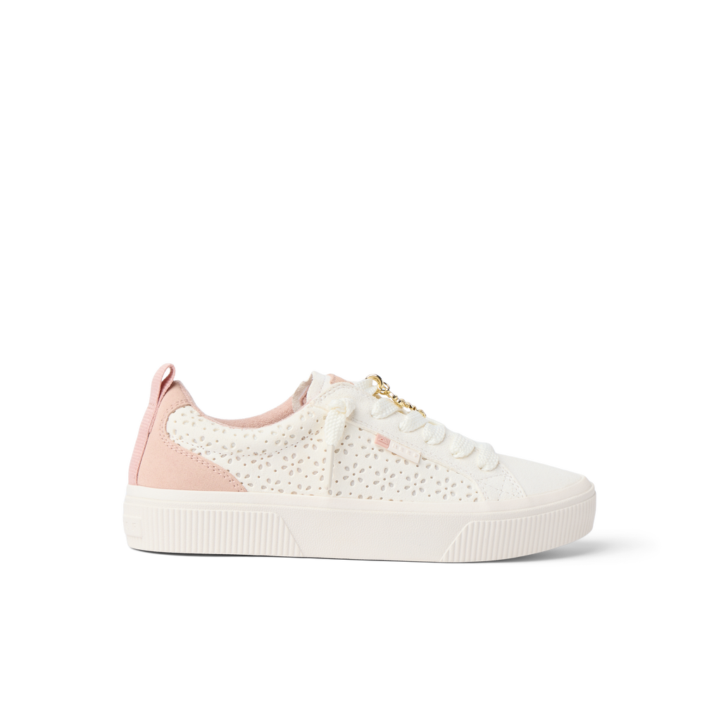 Lay Day Dawn women’s sneaker facing right, perforated white upper with blush pink heel, lightweight and comfortable beach-inspired design.