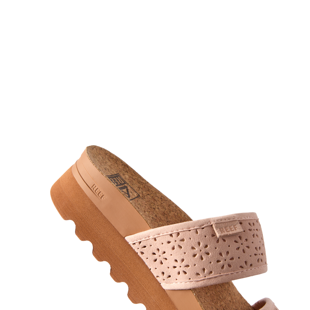 Cushion Vista Hi sandal facing left showing top strap with floral cutouts and textured cushioned sole for comfort.